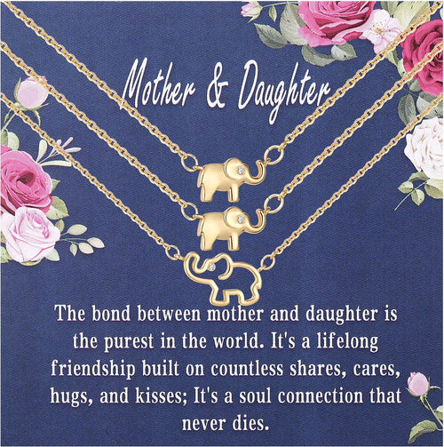 18K Gold Plated Elephant Mother Daughter Necklace Matching Jewelry Set for Women Mom Mommy Grandma Granddaughter Pendant Chain Accessories Stuff Age Birthday Valentines Day Jewelry Gifts